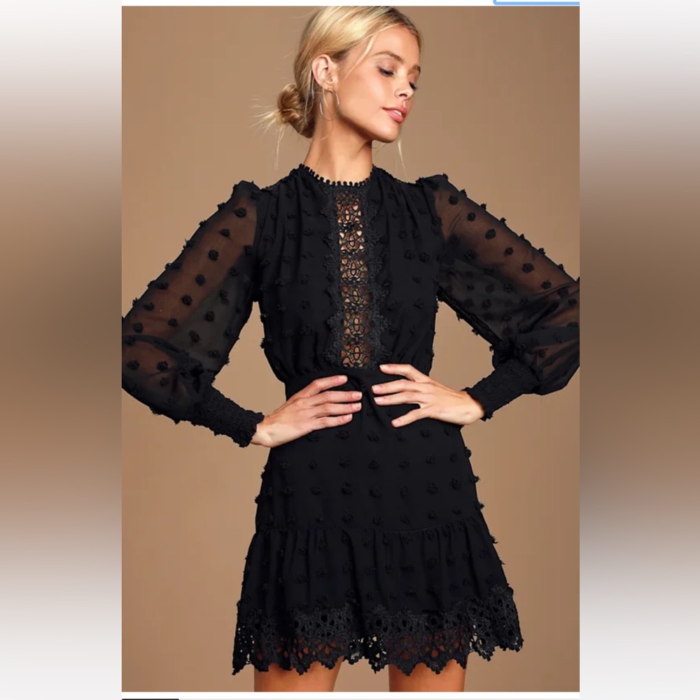Lulu's Lust or Love Black Embroidered Lace Long Sleeve Dress - medium